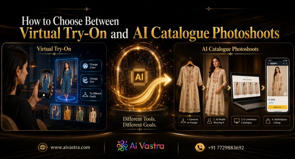 Virtual try-on vs AI catalogue photoshoot: What’s the Difference and Which Does Your Brand Actually Need?