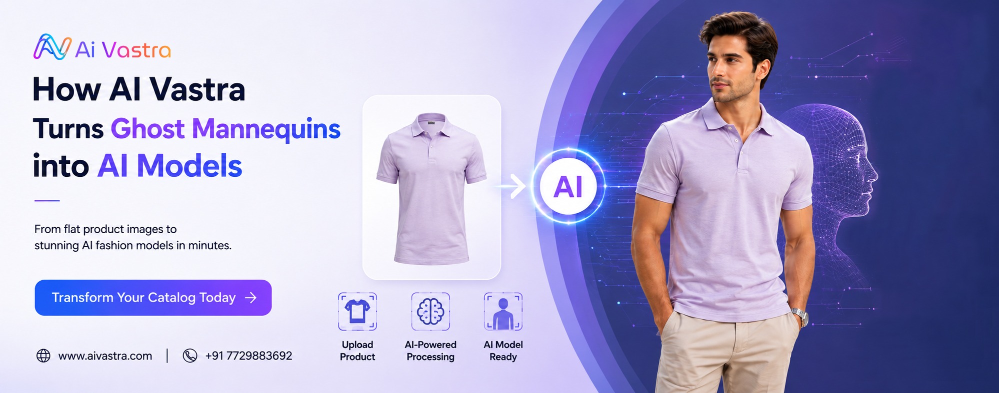 AI Vastra converts ghost mannequin apparel images into lifelike AI fashion model photos for online stores.