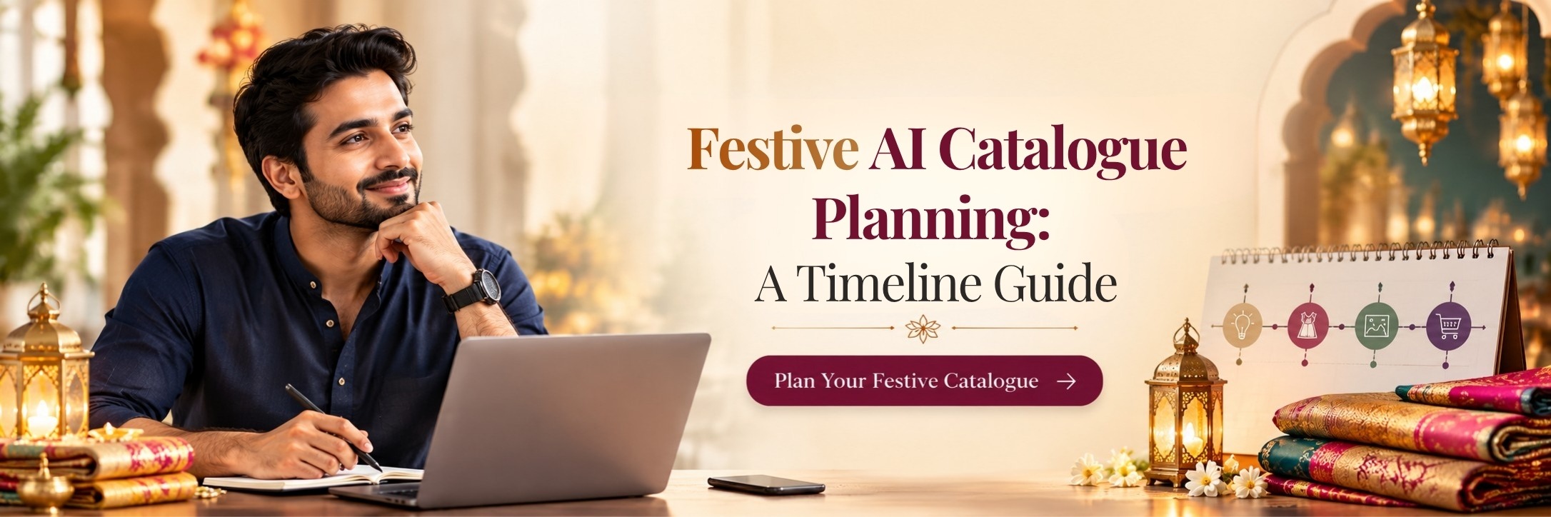 Festive AI catalogue planning timeline guide showing how fashion brands prepare Diwali and Eid collections using AI-generated product photography.